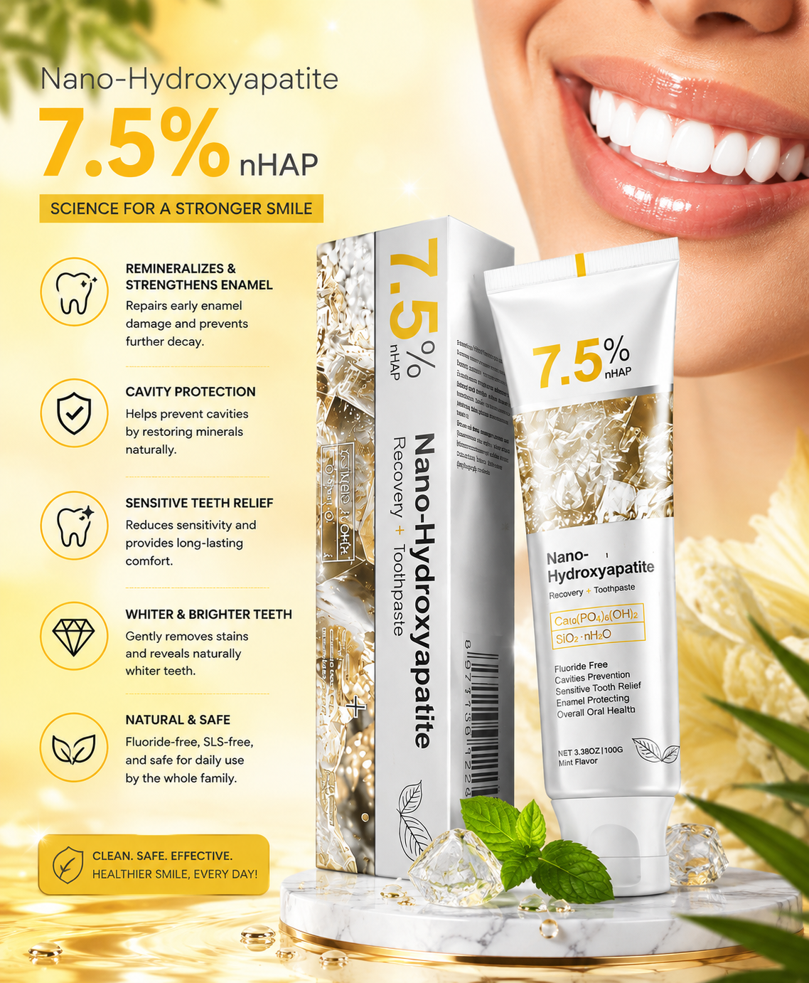 7.5% Nano Hydroxyapatite Fluoride Toothpaste for Teeth Whitening